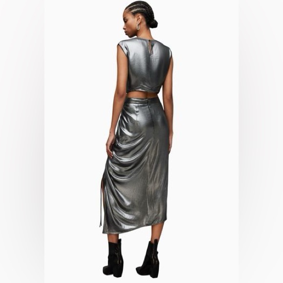 AllSaints Carla Gathered Silver Metallic Midi Skirt Side Split Polyester Size 10 - Picture 2 of 15